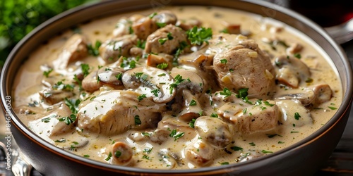 Creamy veal stew with white wine cream and mushrooms Blanquette de veau. Concept Creamy veal stew, White wine cream, Mushrooms, French cuisine