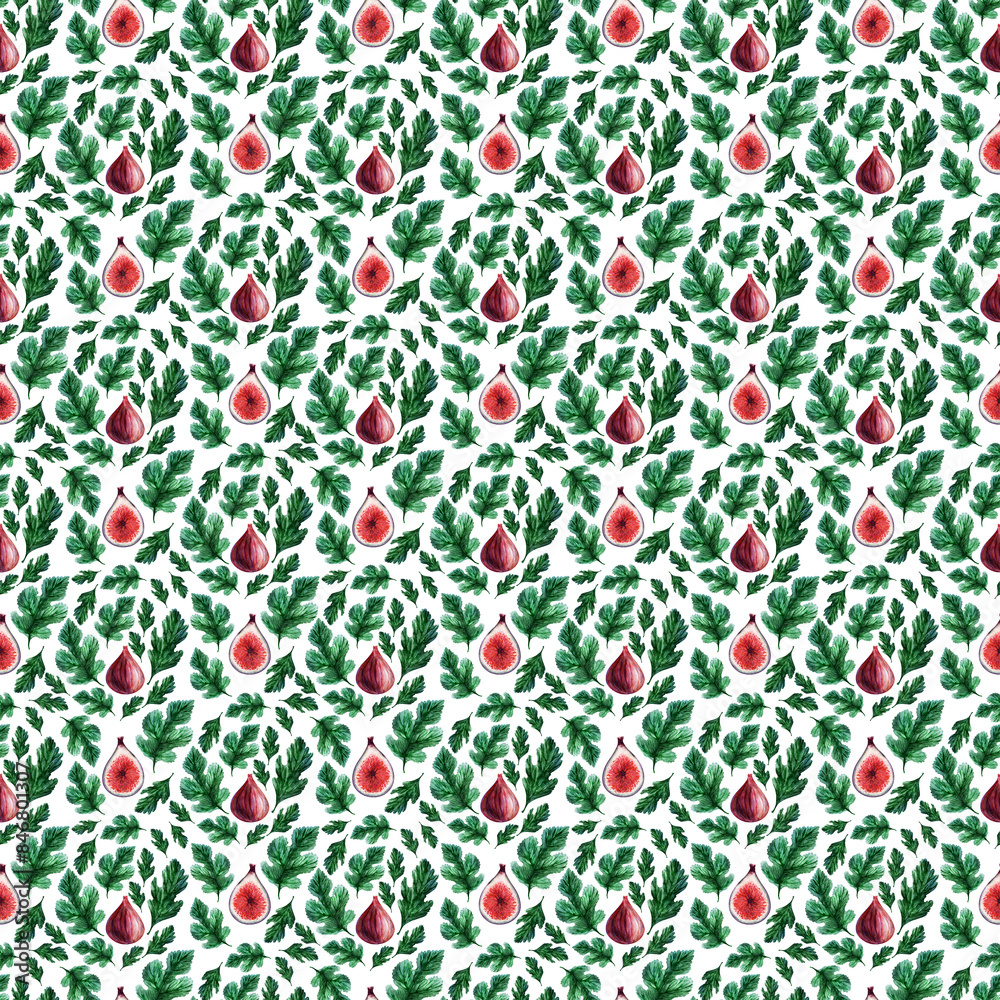 Watercolor seamless pattern with fruits and fig leaves