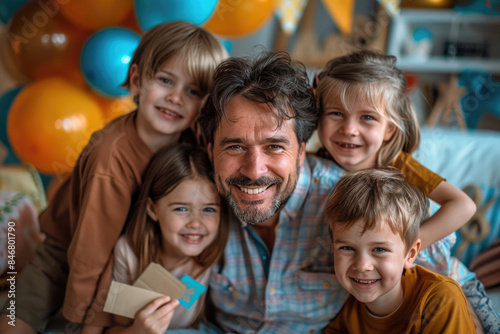 A father surrounded by his children, celebrating Father's Day with smiles and joy © Venka