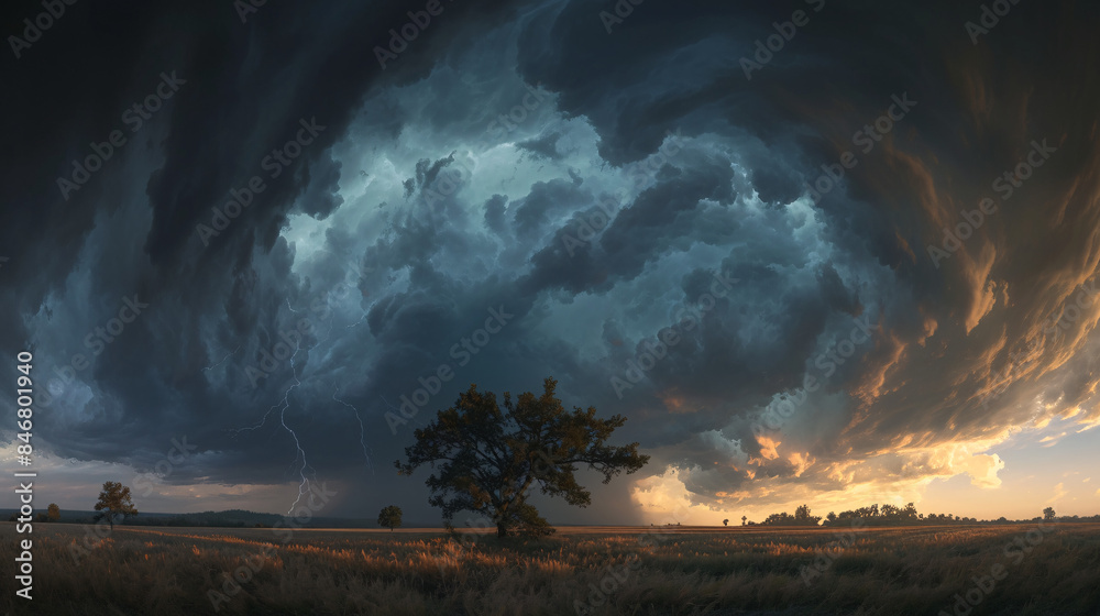 Fototapeta premium Electrifying Time-lapse of Brewing Thunderstorm with Dark Clouds and Lightning Flashes Over Horizon, Atmospheric Drama Unfolding