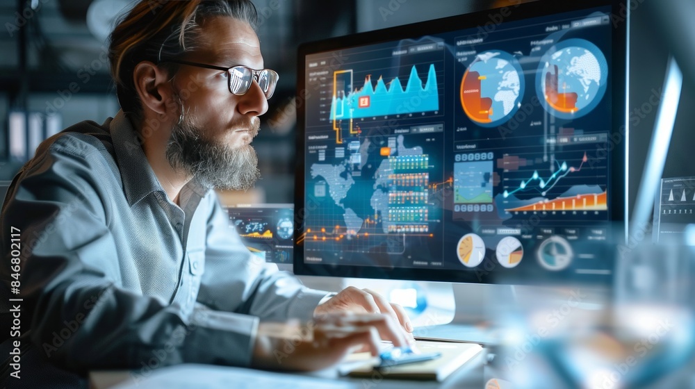 analyst uses a computer and dashboard for data business analysis and Data Management System. analyst uses a computer and dashboard for data business analysis and Data Management System.