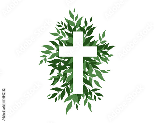 Botanical greenery and cross. Baptism Invitation. Easter Cross. Christening. Holy Spirit. Religious. Baptism Christening Invitation. Vector illustration