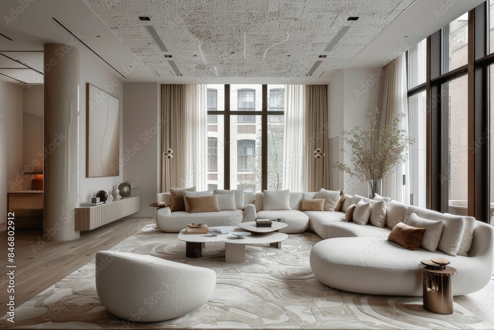 Modern Living Room Set with White Couches, Ottomans, and Rugs Modern Living Room Set with White Couches, Ottomans, and Rugs
