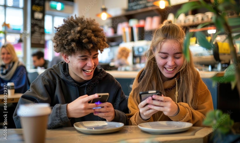 Boy and a girl teenage friends are laughing sitting at a table in a busy coffee shop browsing social media on their smartphones Boy and a girl teenage friends are laughing sitting at a table in a busy coffee shop browsing social media on their smartphones