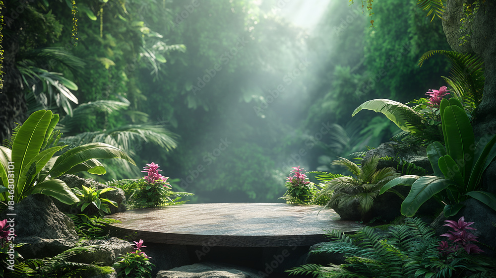 Product podium in tropical forest for product present Product podium in tropical forest for product present
