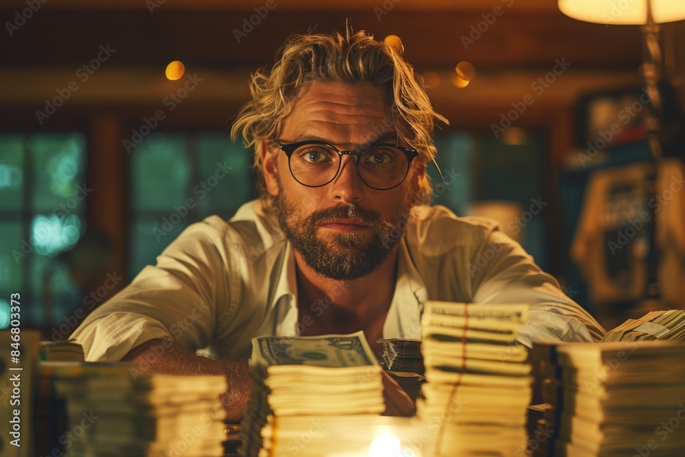 A man wearing glasses dreams of a pile of money A man wearing glasses dreams of a pile of money
