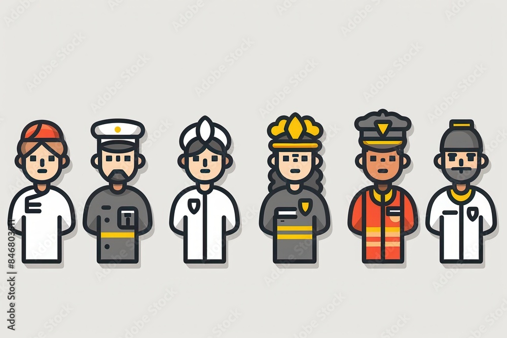 The set includes icons for a doctor, teacher, firefighter, police officer, chef, engineer, artist, and construction worker The set includes icons for a doctor, teacher, firefighter, police officer, chef, engineer, artist, and construction worker