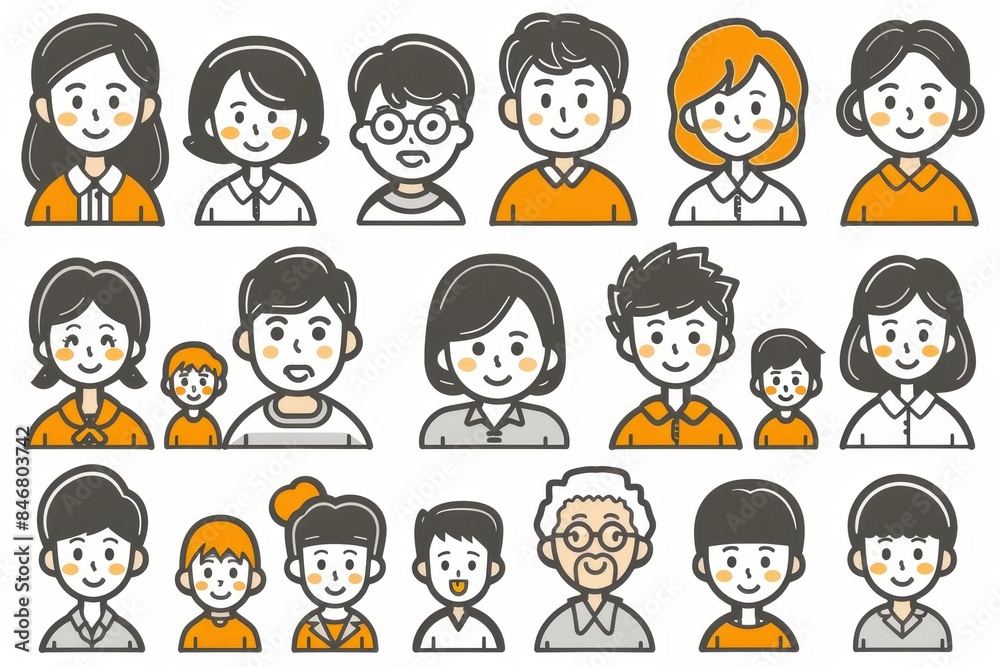 The set includes icons for father, mother, son, daughter, grandfather, grandmother, brother, and sister The set includes icons for father, mother, son, daughter, grandfather, grandmother, brother, and sister