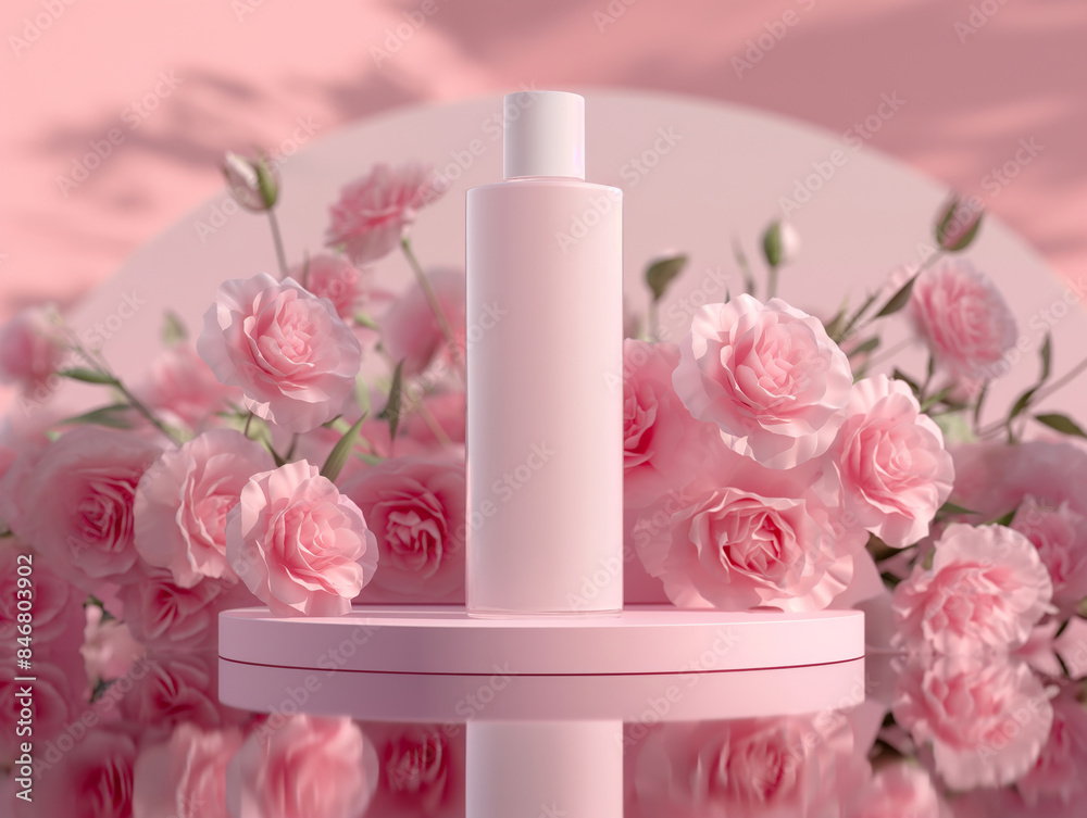 Ai Generated Art Mockup of a White Blank Product Bottle Container Against Reflective Pink Background and Pink Roses in the Background