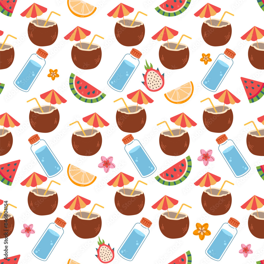 Obraz premium Pattern with summer accessories. Seamless pattern with coconut, watermelon, fruits. 