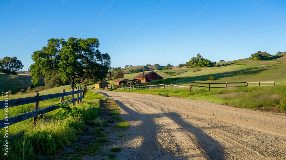 Fototapeta premium Dirt road through green hills, to an old farm, postcard idea about life on a farm