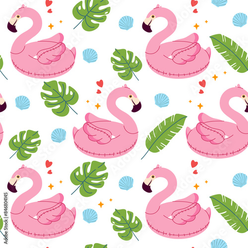 Seamless pattern with summer pool rubber ring and tropical leaves. Inflatable rubber toy for water and beach. Fun rubber rings in the form of flamingo. Summer mood