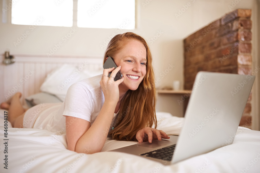 Smartphone, laptop and woman by phone call for remote work, happy at home and freelance. Communication, networking and smile with cellphone for planning, online conversation or discussion in bedroom Smartphone, laptop and woman by phone call for remote work, happy at home and freelance. Communication, networking and smile with cellphone for planning, online conversation or discussion in bedroom