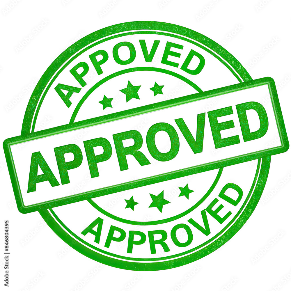 A weathered green rubber stamp saying approved is surrounded by a circular border on a clean white background. Generative AI A weathered green rubber stamp saying approved is surrounded by a circular border on a clean white background. Generative AI