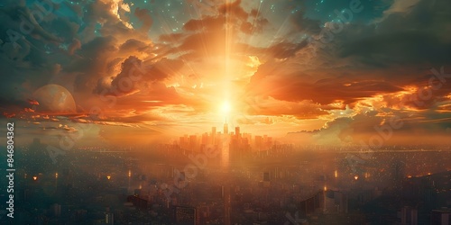 Futuristic city with divine light against heavenly backdrop copy space included. Concept Cityscape, Futuristic, Divine Light, Heavenly Backdrop, Copy Space photo