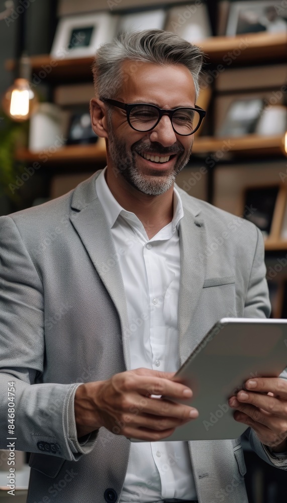 Elderly gentleman embracing technology mastering tablet in family adorned home office Elderly gentleman embracing technology mastering tablet in family adorned home office