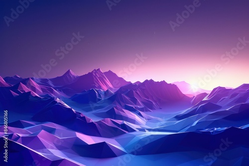 Abstract digital landscape of stylized mountains with a radiant sunrise backdrop