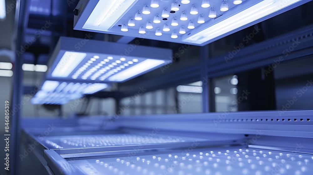 Fototapeta premium Modern LED lighting panels in a technology production facility. Bright blue lights illuminate the workspace, showcasing advanced lighting solutions.