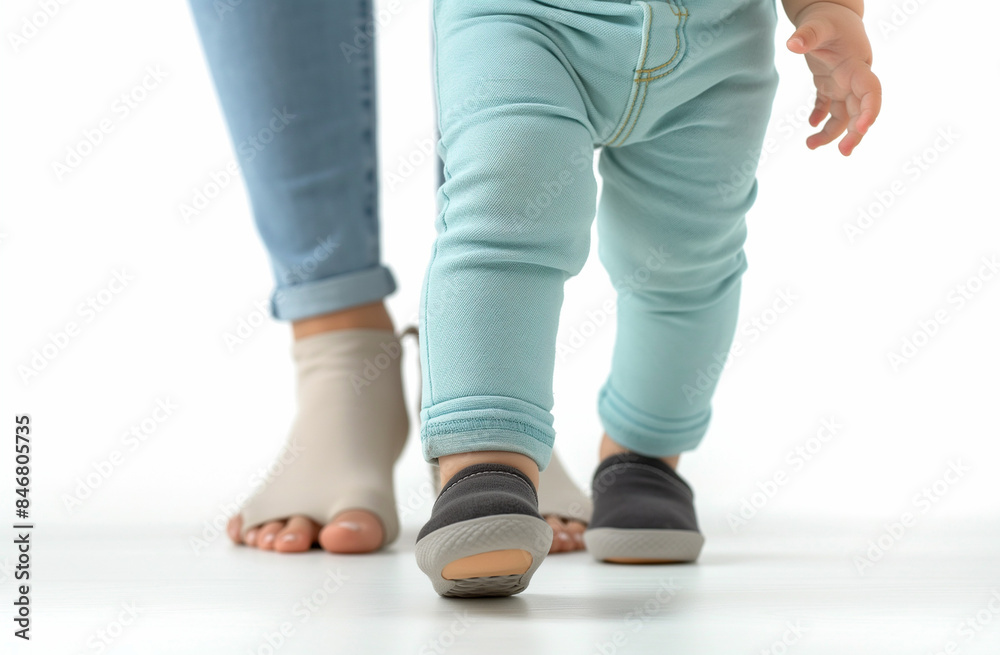 A closeup of the feet and legs, wearing light blue and black pants, standing on a white background, feet up in front of the mother's body. The baby is about to stand or walk at two years old