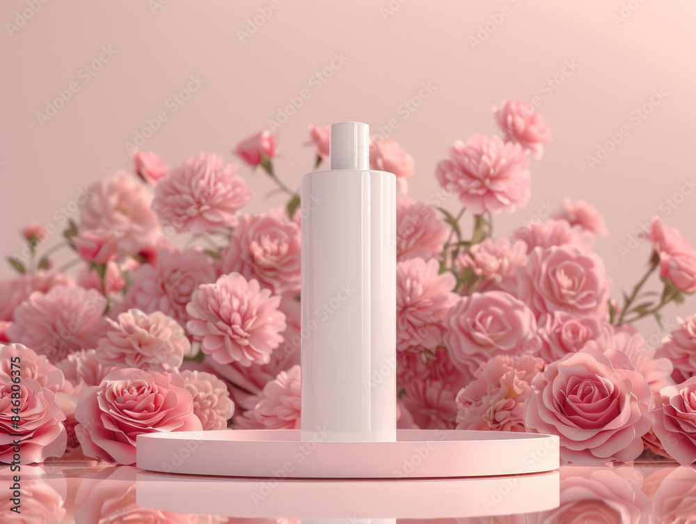 Ai Generated Art Mockup of White No Label Product Bottle Container Against Reflective Dust Pink Background and Pink Roses in the Background Ai Generated Art Mockup of White No Label Product Bottle Container Against Reflective Dust Pink Background and Pink Roses in the Background