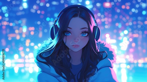 Anime beautiful cute girl in headphones against the backdrop of a night neon city. Musical background for relaxation © Stitch