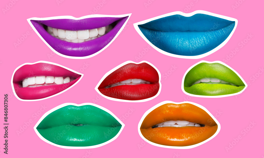 Obraz premium Collage of bright women's lips with white outline on pink background. Magazine cutout, stylish design