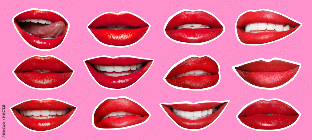 Collage of magazine cutouts. Many beautiful female lips with white outline on pink background Collage of magazine cutouts. Many beautiful female lips with white outline on pink background