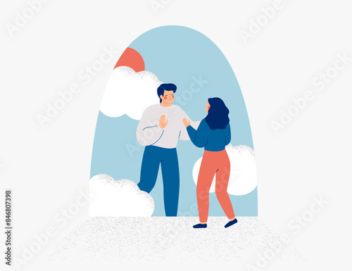 Long distance love relationships between man and woman. Couple is separated by obstacles and invisible barriers. Family reunification and migration policy concept. Vector illustration