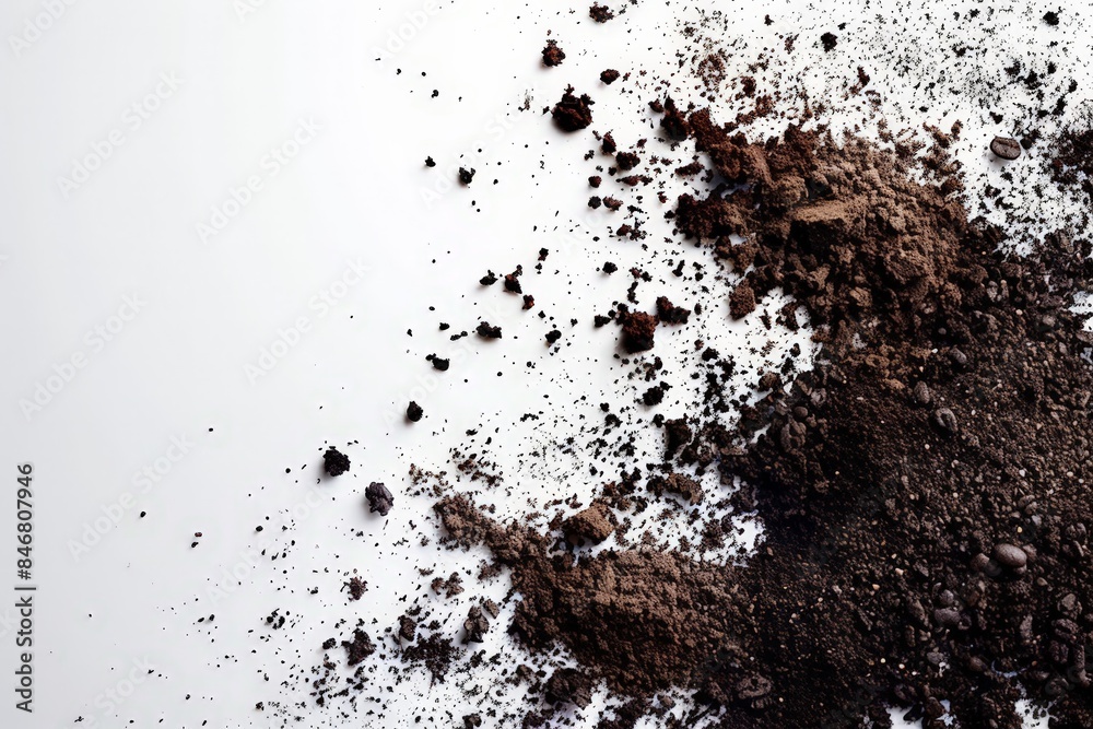 A close-up view of a pile of dirt, rocks, and debris on a white surface. A close-up view of a pile of dirt, rocks, and debris on a white surface.