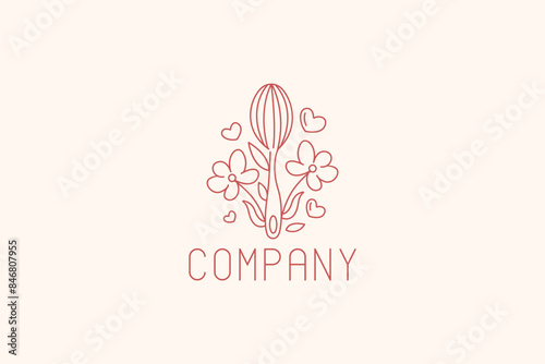 Logo design of a baking utensil with flowers on the side. 