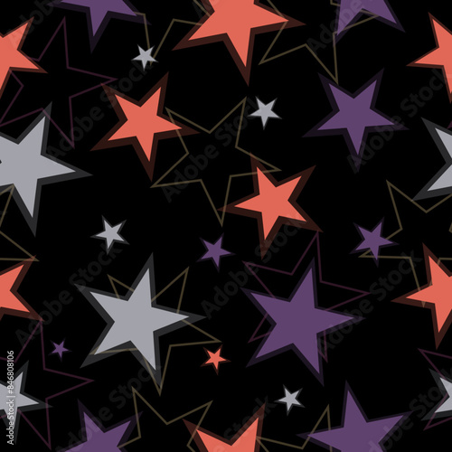 Abstract seamless pattern tile with bright colorful stars on dark blue background vector. Modern paint pattern for birthday card, party invitation, wallpaper sale, holiday wrapping paper.