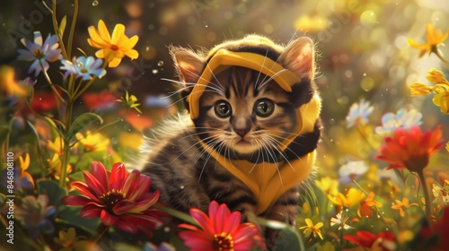 Cute Kitten in a Yellow Hood Among Flowers.