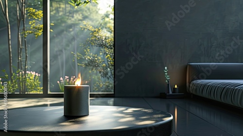 A candle burns on a dark table in a modern room, symbolizing peace. Light scented candles in the house