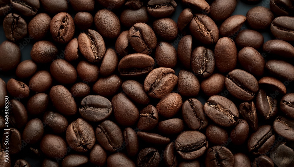 Fototapeta premium Close-Up Dark Roasted Coffee Beans on Coffee Beans Background, Scattered Close-Up View