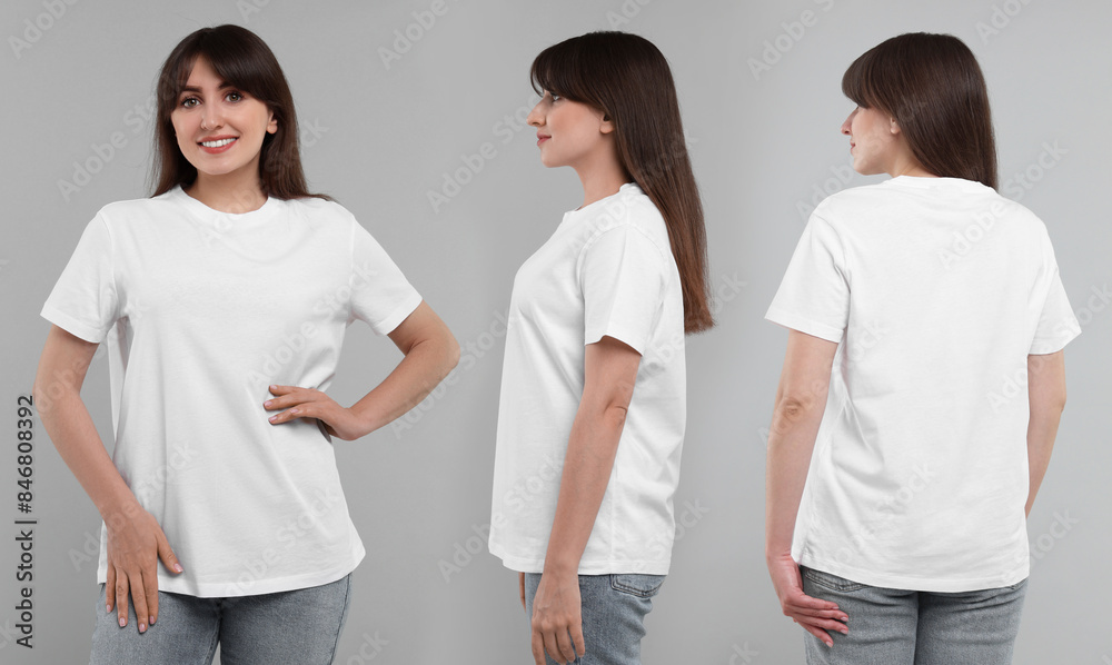 Woman wearing white t-shirt on light grey background, collage of photos. Front, back and side views Woman wearing white t-shirt on light grey background, collage of photos. Front, back and side views