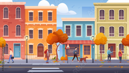 Autumn city street. Urban building scene view with colorful houses, walking people, trees, roadway, apartment exterior, cafe. Horizontal cityscape. Town landscape with buildings. Halloween banner 
