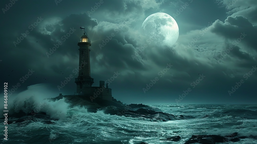 Fototapeta premium in the night,lighthouse in the middle of the ocean,hug moon and clouds
