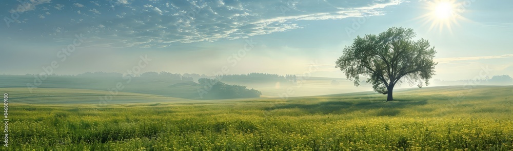 Obraz premium A peaceful sunrise over a vast field of vibrant green grass