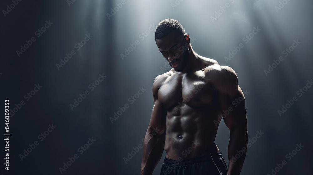 Fototapeta premium Muscular African American Man in Athletic Pose on Dark Background