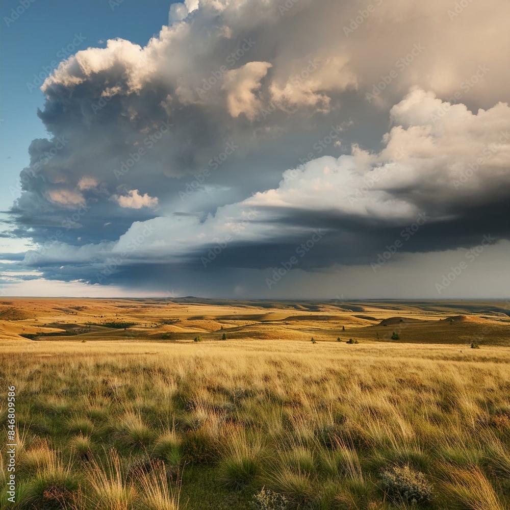 Obraz premium A dramatic thunderstorm rolling over a wide-open prairie. Generative AI
