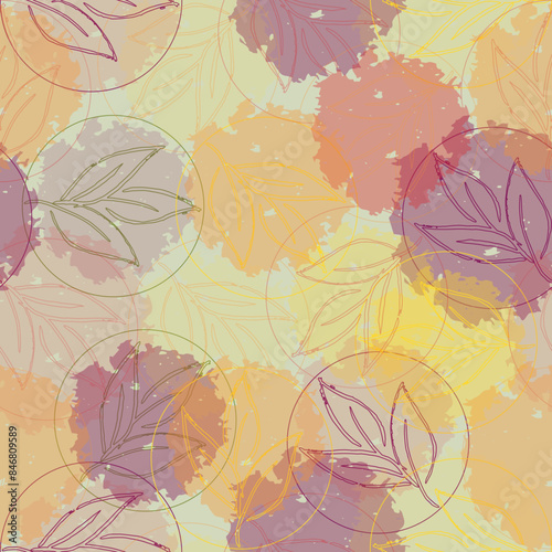 Contemporary Flowers and Leaves Painting  Seamless Hand Drawn Pattern Delicate multicolored flowers and tropical leaves on pastel background.