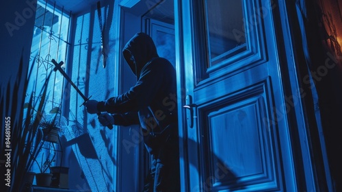 A man in a hoodie is holding a baseball bat and standing in front of a door photo