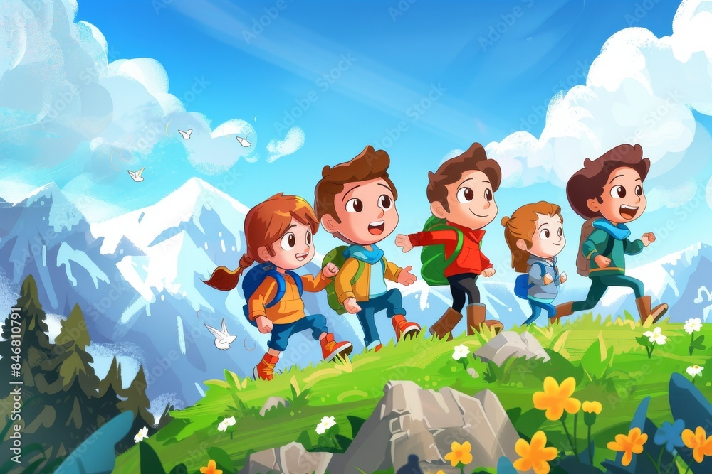 Vector illustration of a group of children walking in the mountains. Cartoon style. Vector illustration of a group of children walking in the mountains. Cartoon style.