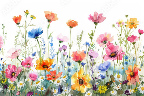 A vibrant array of summer flowers in a watercolor style on a white background