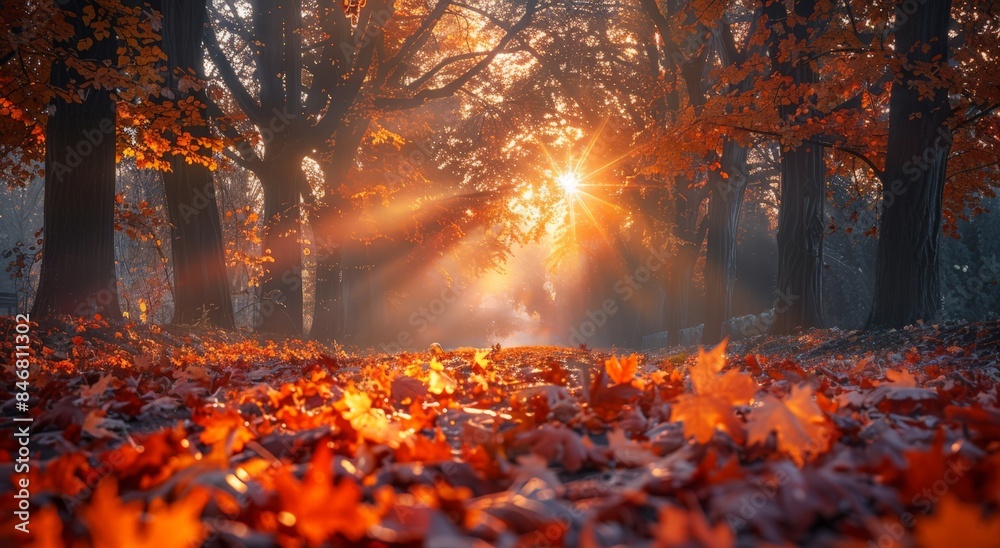 A sunset forest photo with red leaves A sunset forest photo with red leaves
