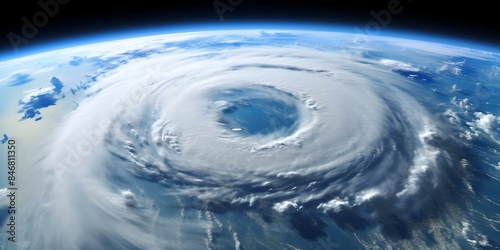 Satellite view of hurricane with swirling white center in blue sky. Concept Natural Disasters, Weather Patterns, Satellite Imagery, Hurricane Tracking, Atmospheric Conditions