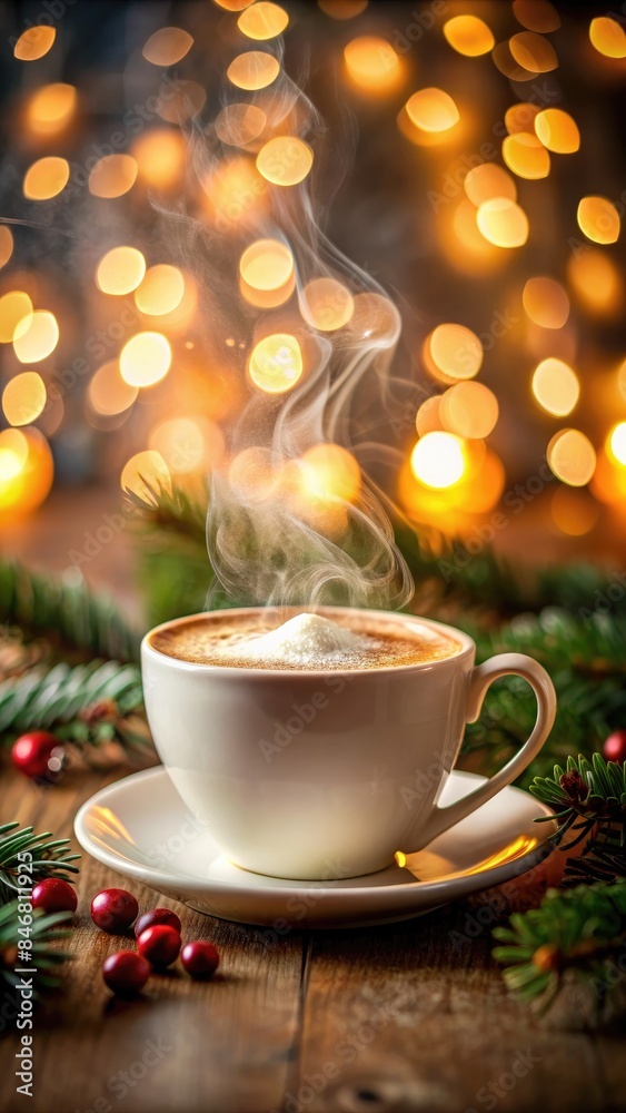 team gently rising from a cappuccino cup on a festive morning, capturing the serene holiday mood with a background of blurred twinkling Christmas lights team gently rising from a cappuccino cup on a festive morning, capturing the serene holiday mood with a background of blurred twinkling Christmas lights