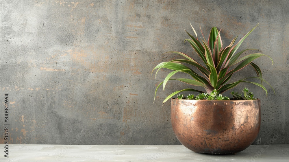 Antique copper flower pot with plant on concrete background Space for text and photography items Antique copper flower pot with plant on concrete background Space for text and photography items