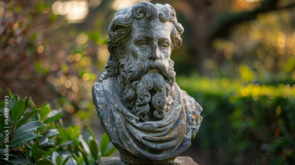 Stone Bust of a Man with a Beard in a Garden Setting. Stone Bust of a Man with a Beard in a Garden Setting.