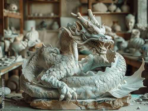 Ceramic Dragon Sculpture in a Workshop.